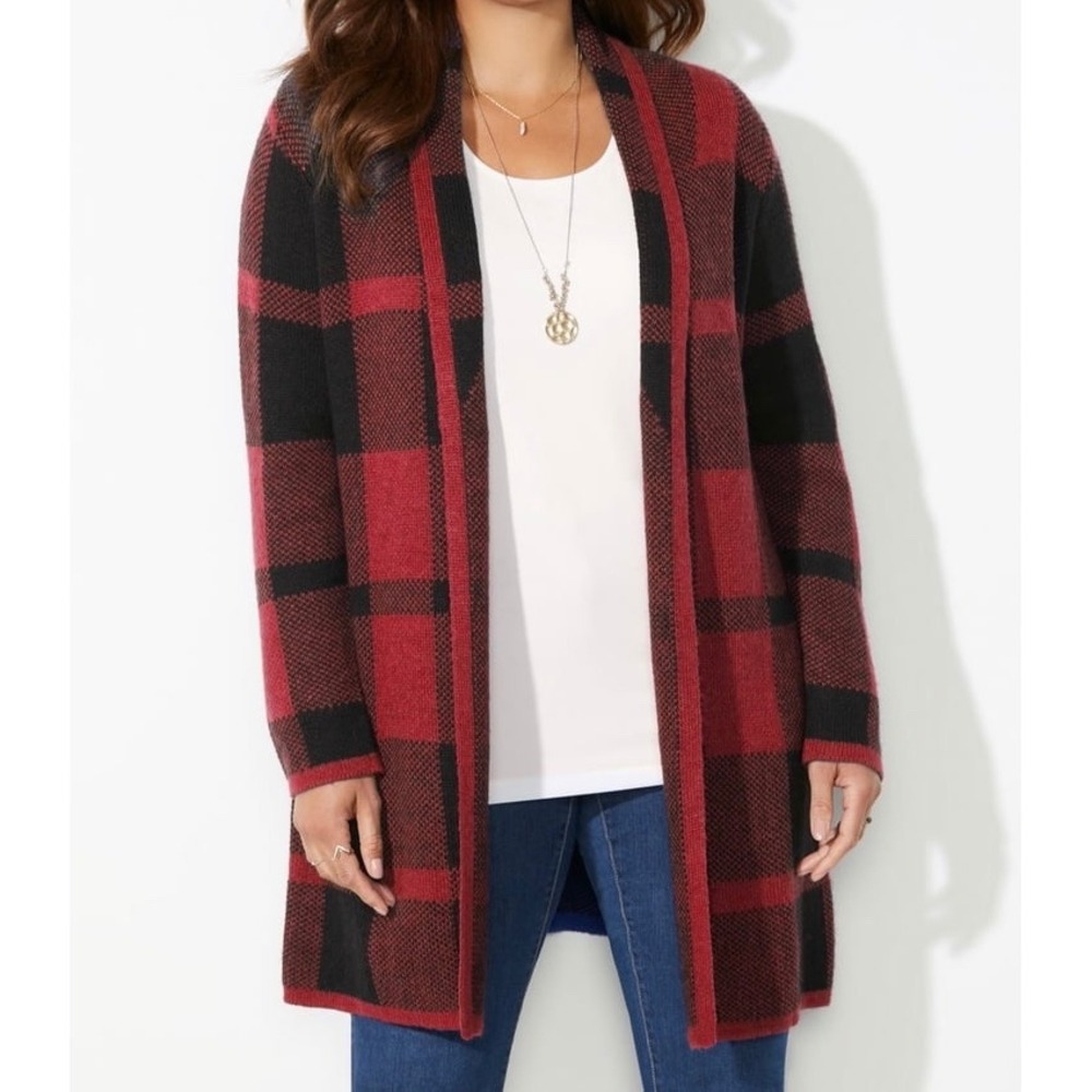 Catherines Red Black Buffalo Plaid Open Front‎ Cardigan Sweater 1X Plus Size